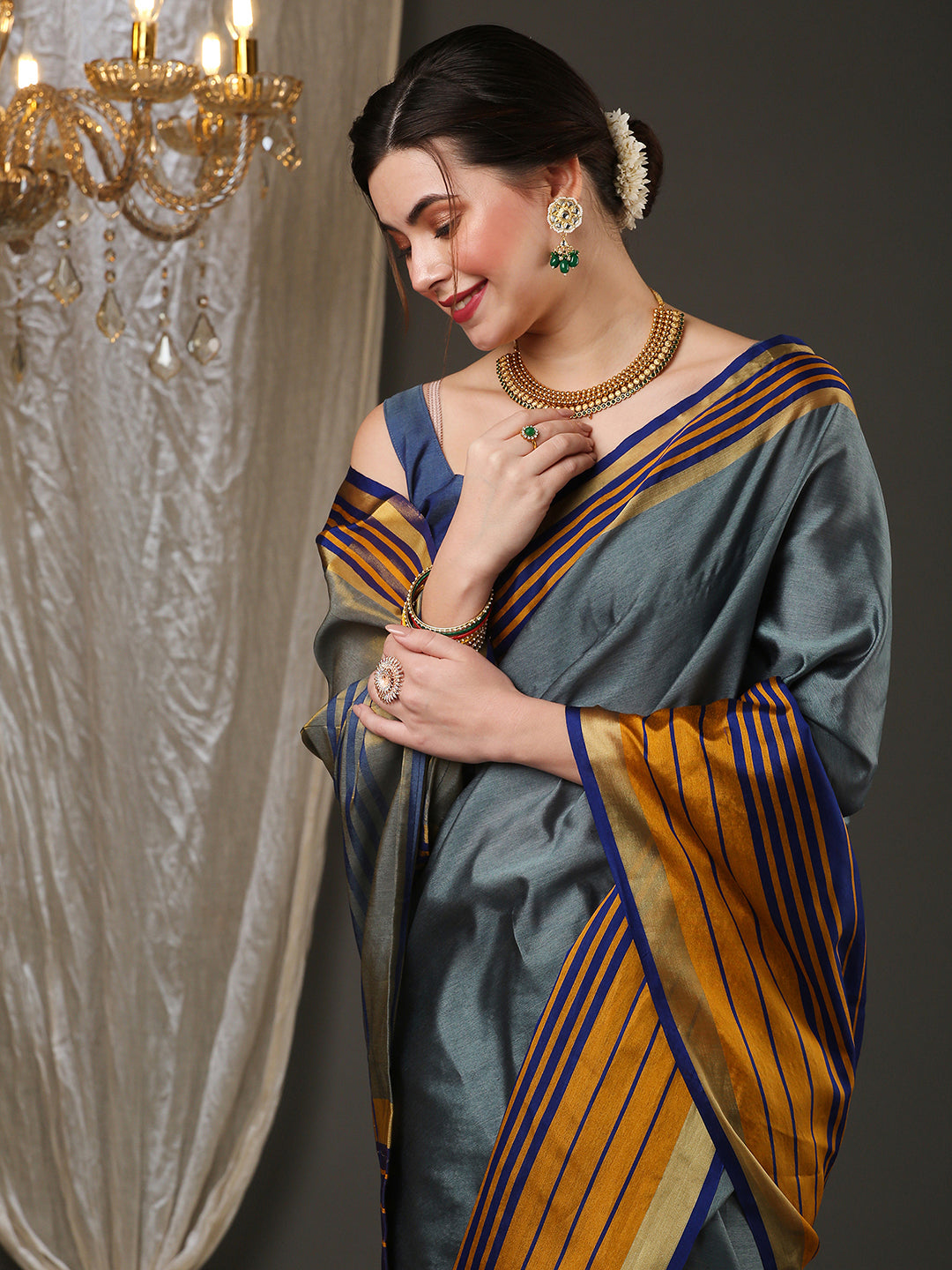 Aura Silk Grey Woven Design Designer Saree With Blouse