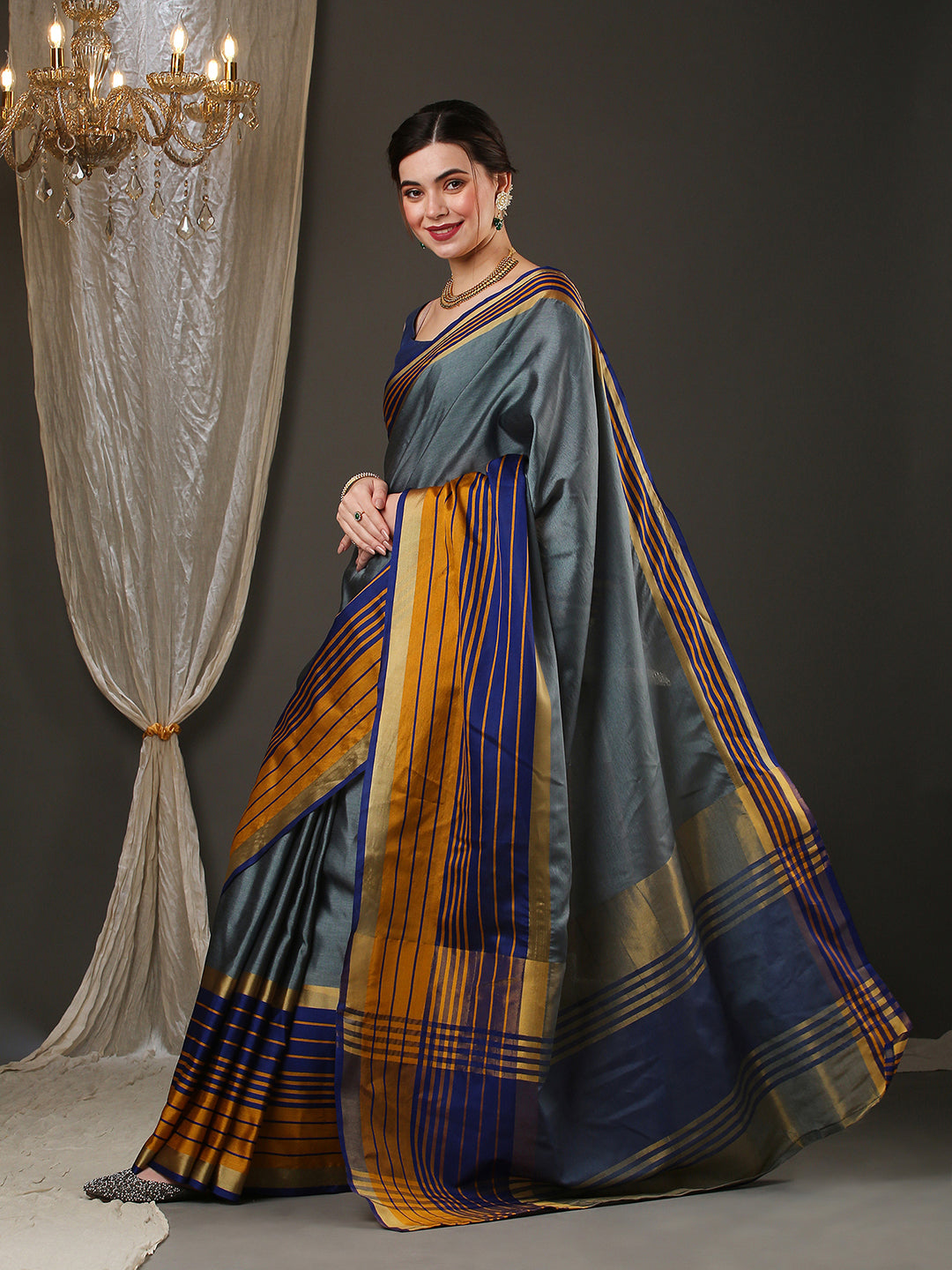 Aura Silk Grey Woven Design Designer Saree With Blouse