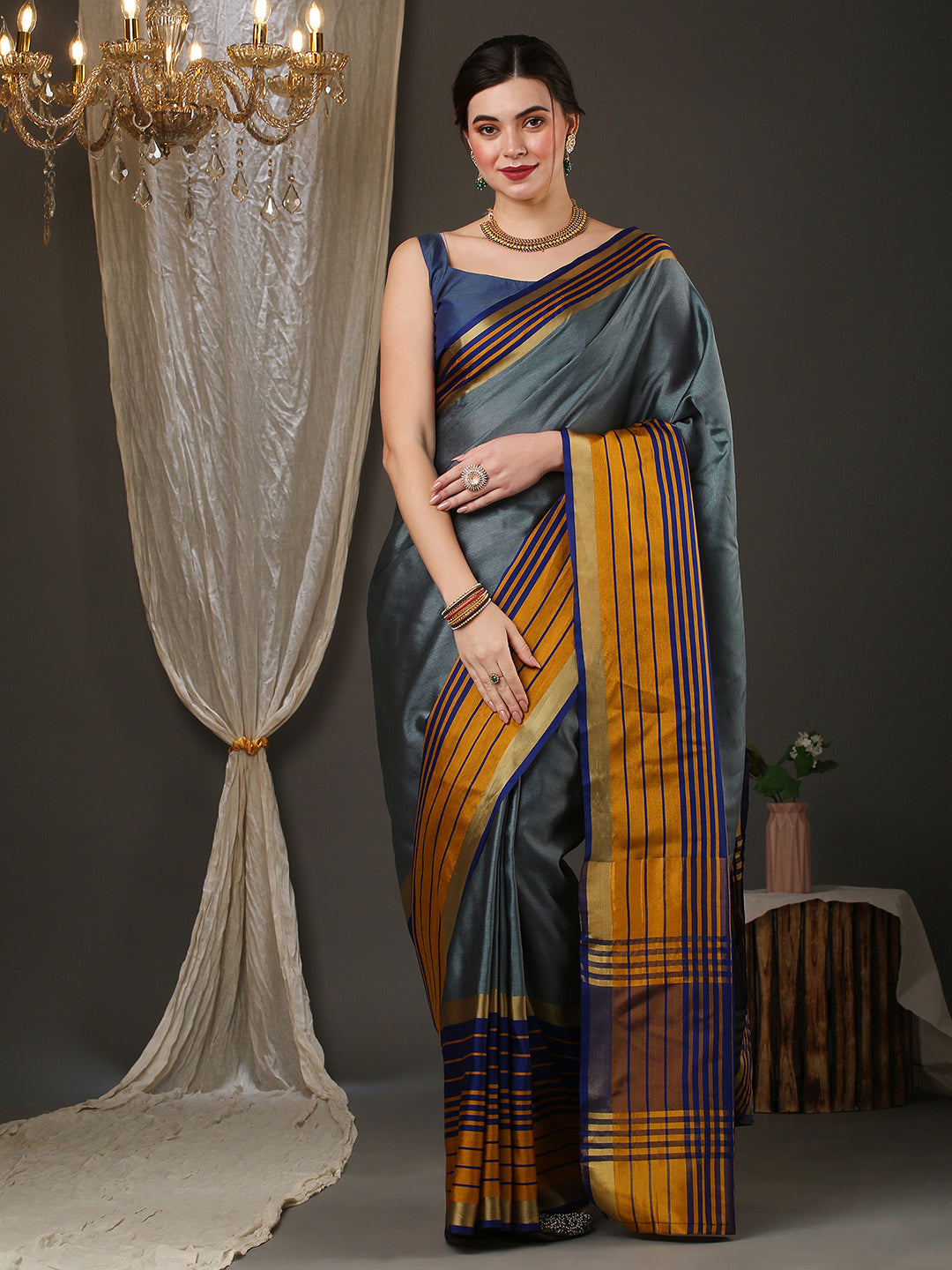 Aura Silk Grey Woven Design Designer Saree With Blouse