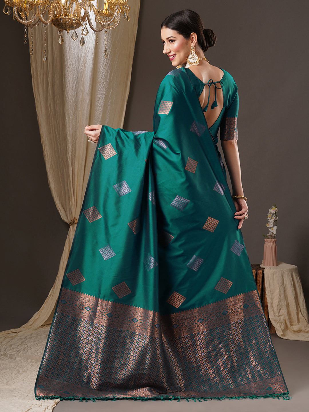 Silk Blend Teal blue Woven Design Designer Saree With Blouse