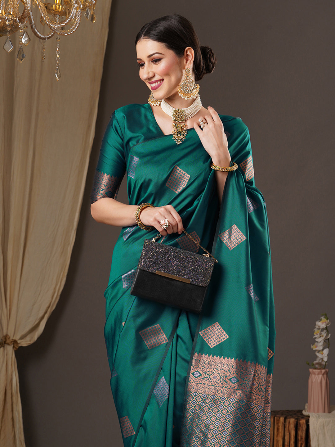 Silk Blend Teal blue Woven Design Designer Saree With Blouse