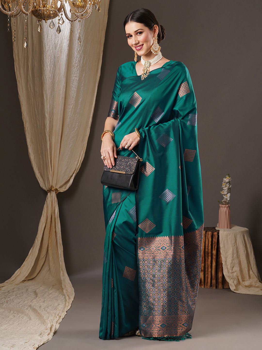 Silk Blend Teal blue Woven Design Designer Saree With Blouse