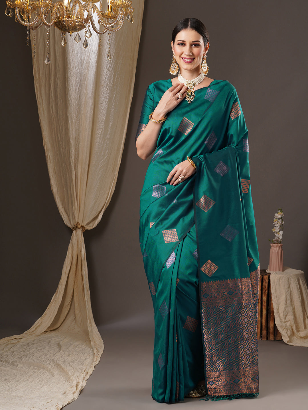 Silk Blend Teal blue Woven Design Designer Saree With Blouse