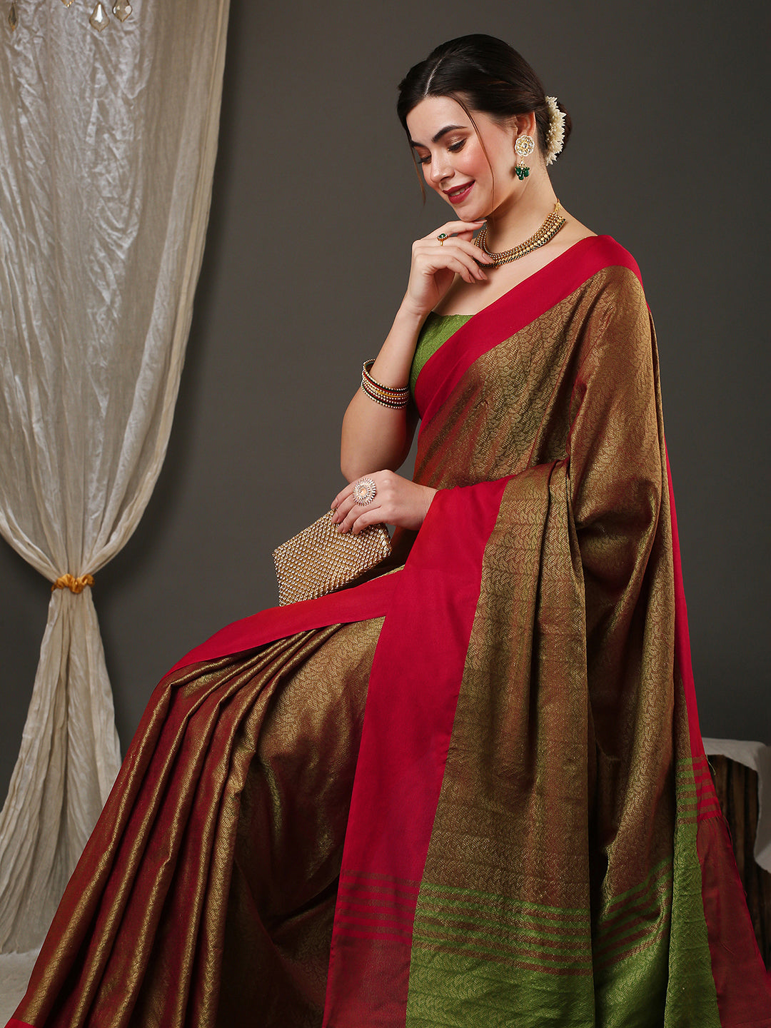 Aura Silk Maroon Woven Design Designer Saree With Blouse