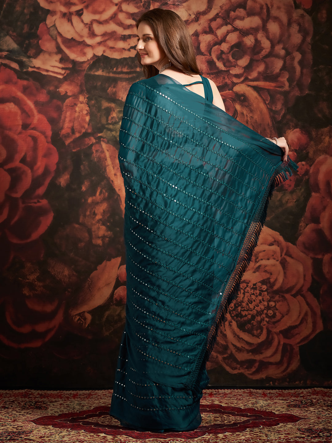 Georgette Teal blue Embellished Designer Saree With Blouse