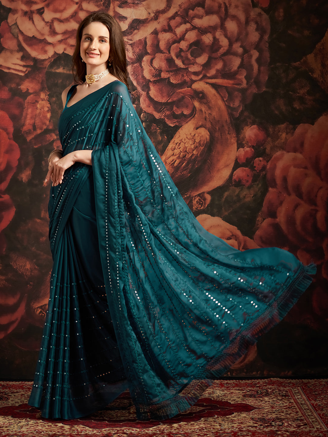 Georgette Teal blue Embellished Designer Saree With Blouse