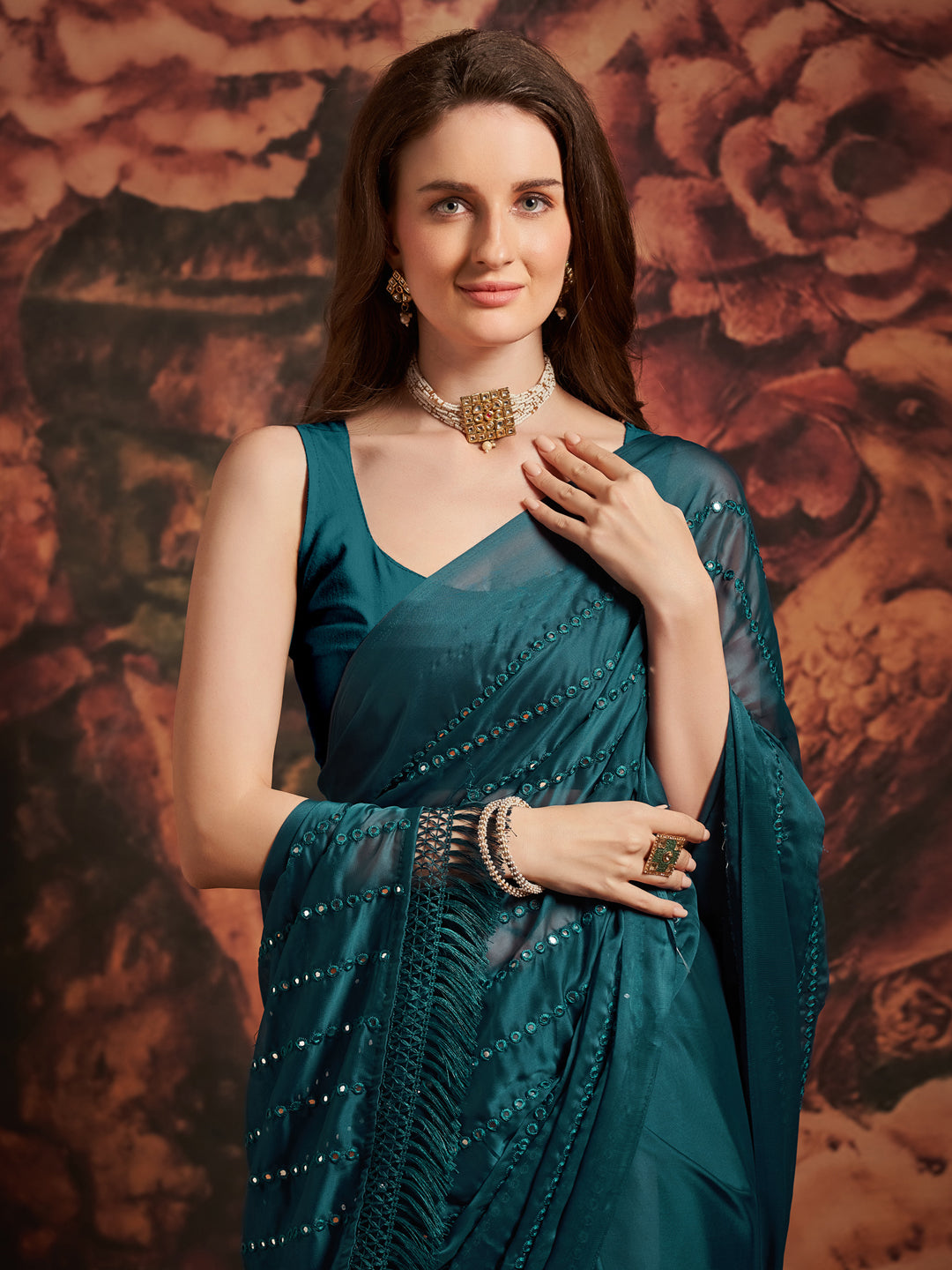Georgette Teal blue Embellished Designer Saree With Blouse