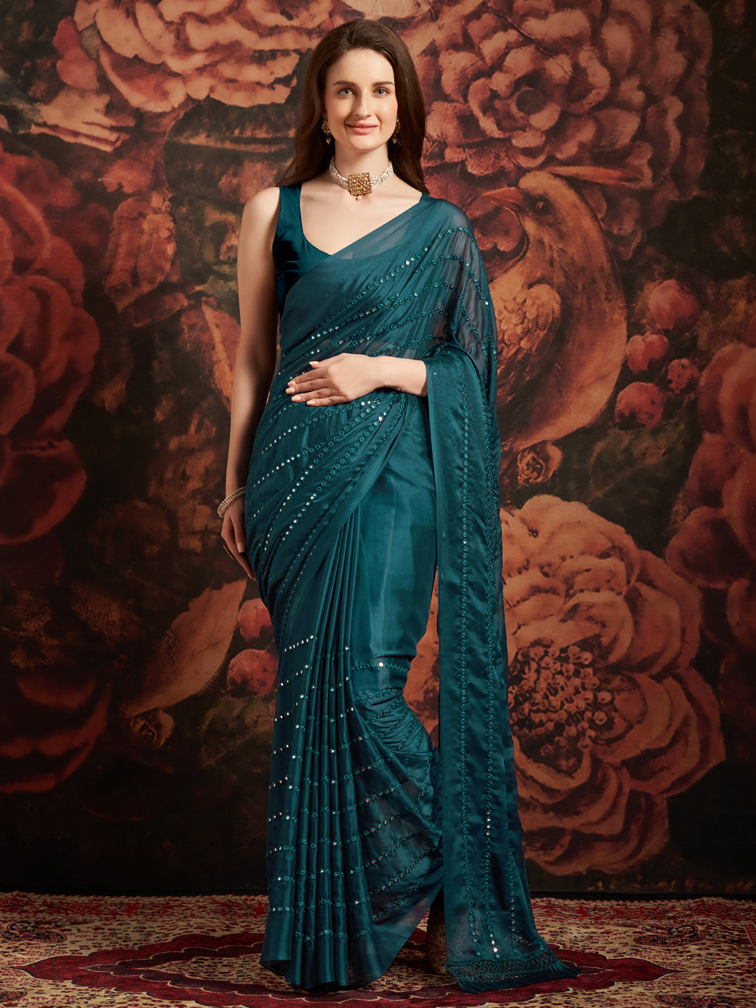 Georgette Teal blue Embellished Designer Saree With Blouse