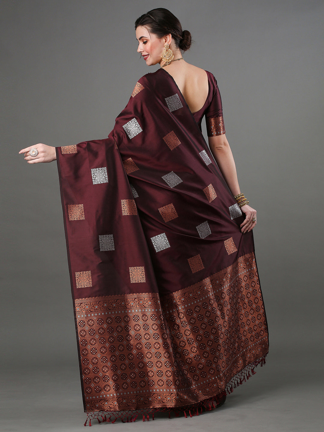 Silk Blend Brown Woven Design Designer Saree With Blouse