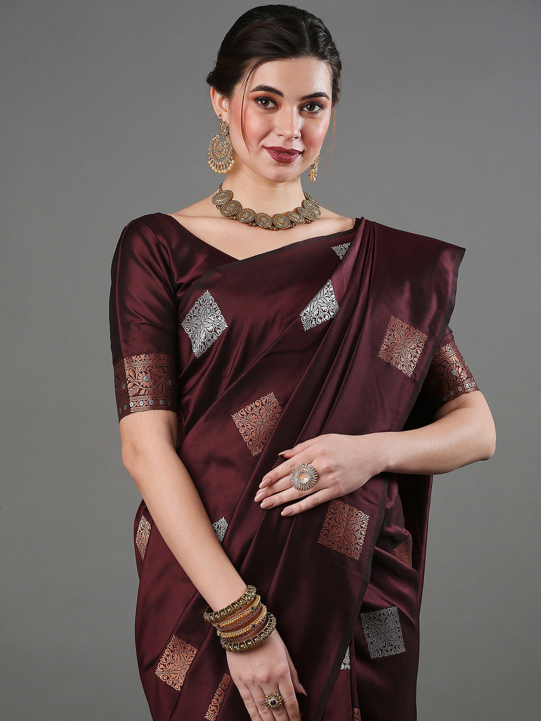 Silk Blend Brown Woven Design Designer Saree With Blouse