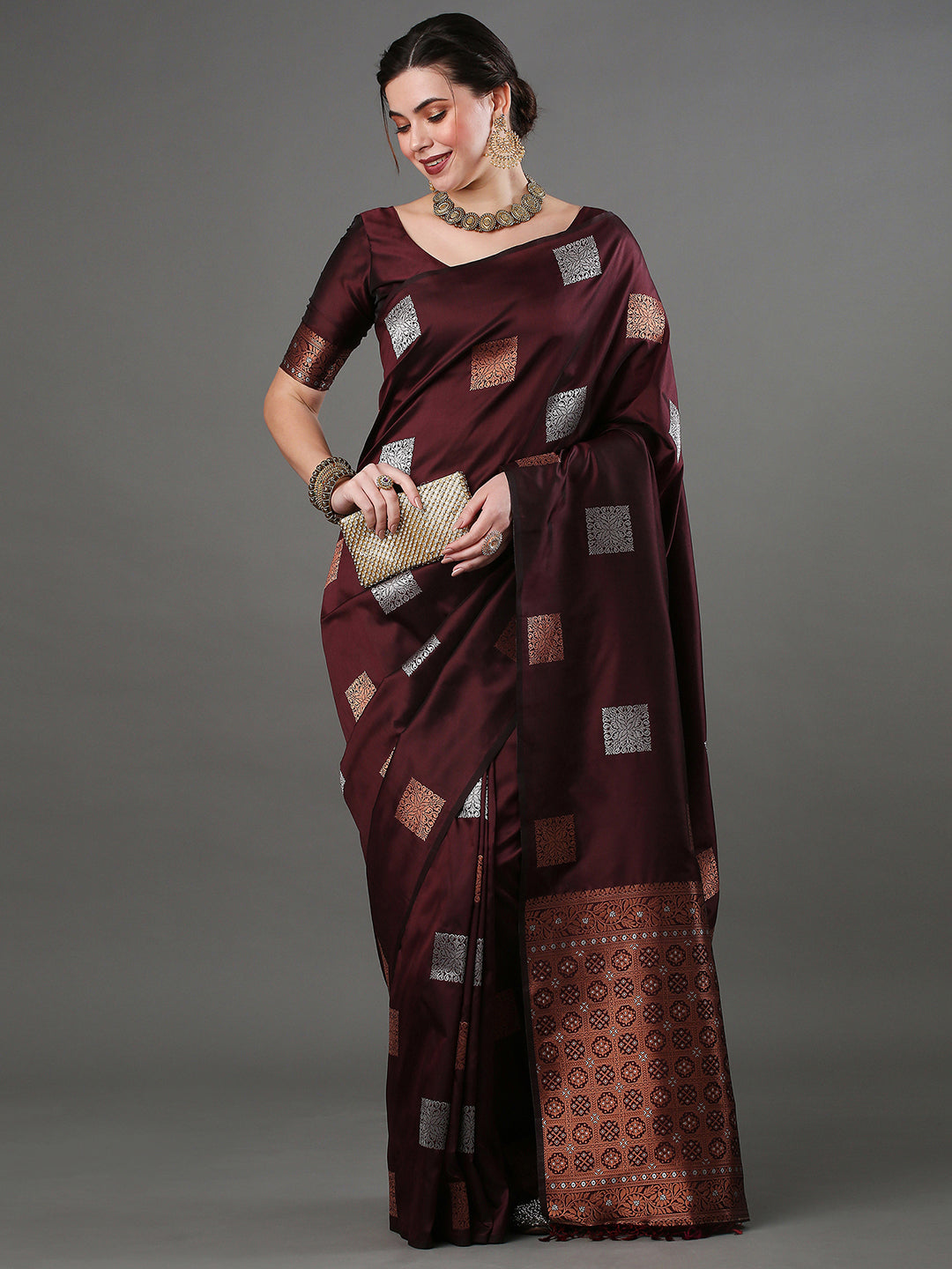 Silk Blend Brown Woven Design Designer Saree With Blouse