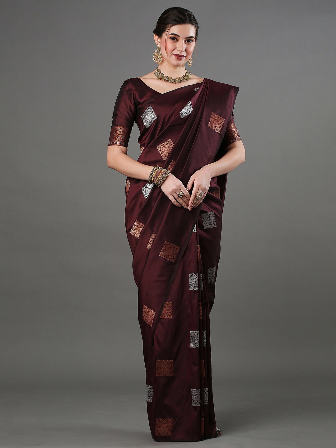 Silk Blend Brown Woven Design Designer Saree With Blouse