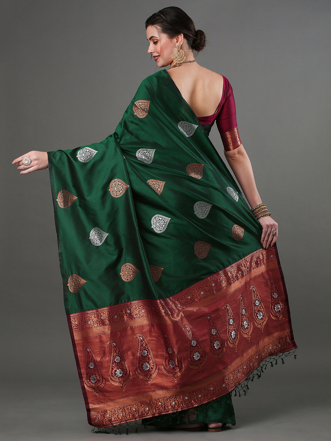Silk Blend Green Woven Design Designer Saree With Blouse