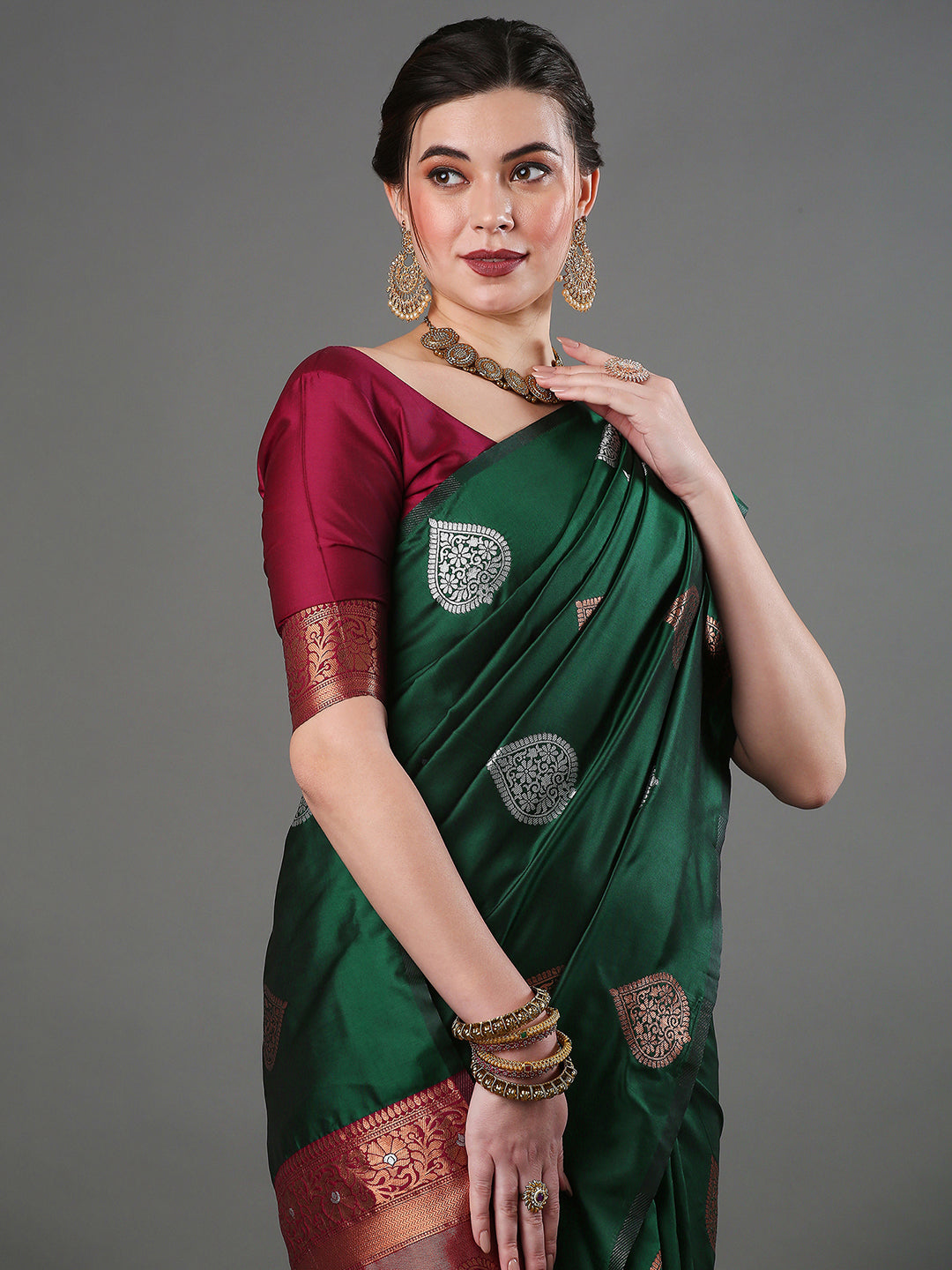 Silk Blend Green Woven Design Designer Saree With Blouse