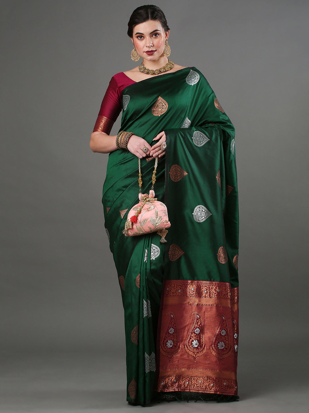Silk Blend Green Woven Design Designer Saree With Blouse