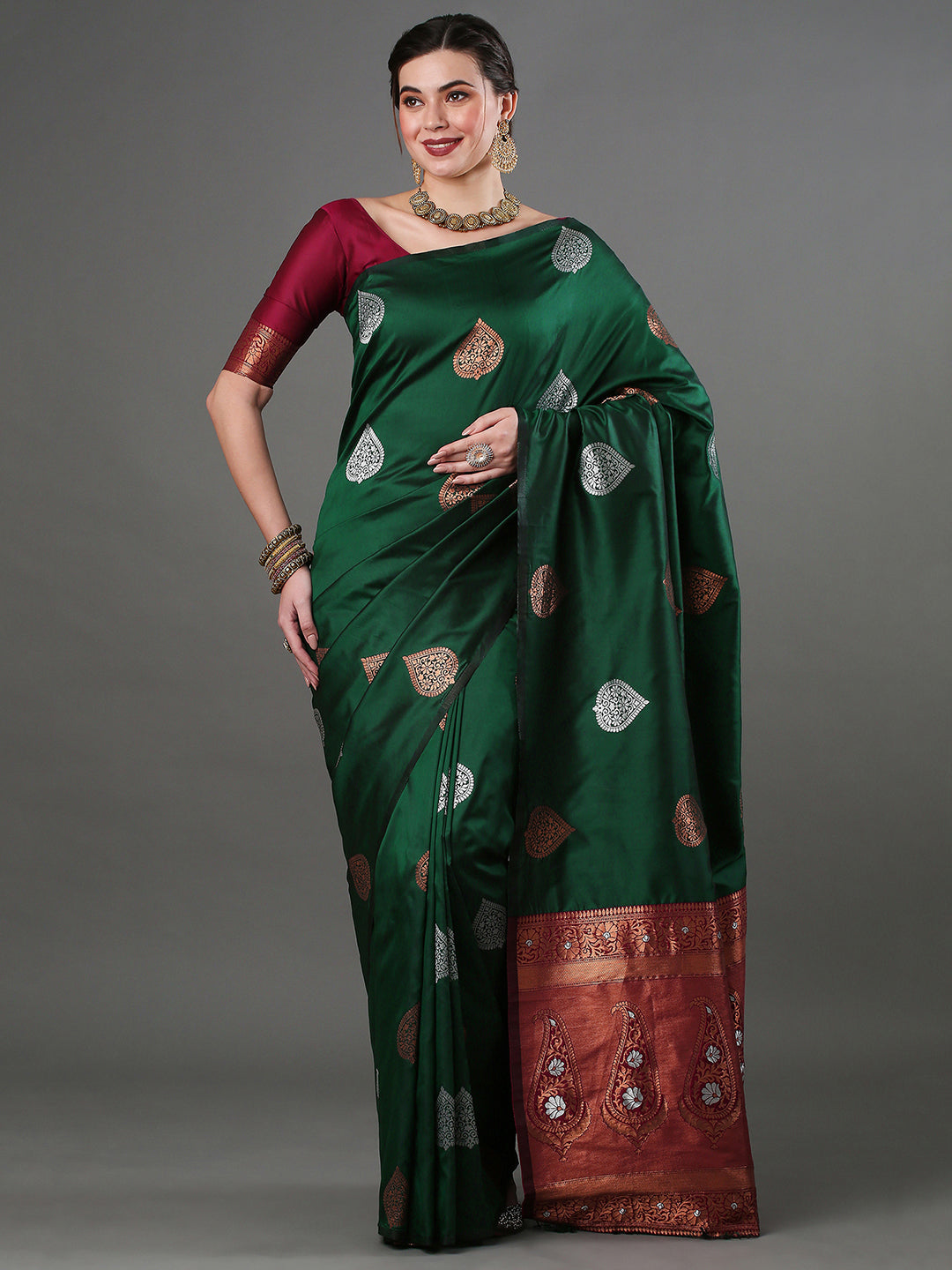 Silk Blend Green Woven Design Designer Saree With Blouse