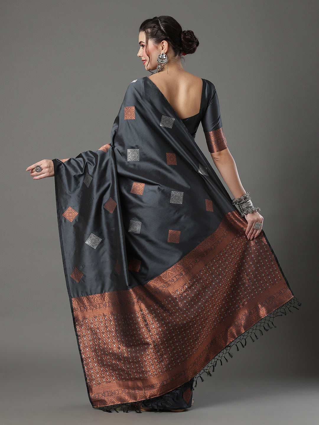 Silk Blend Grey Woven Design Designer Saree With Blouse