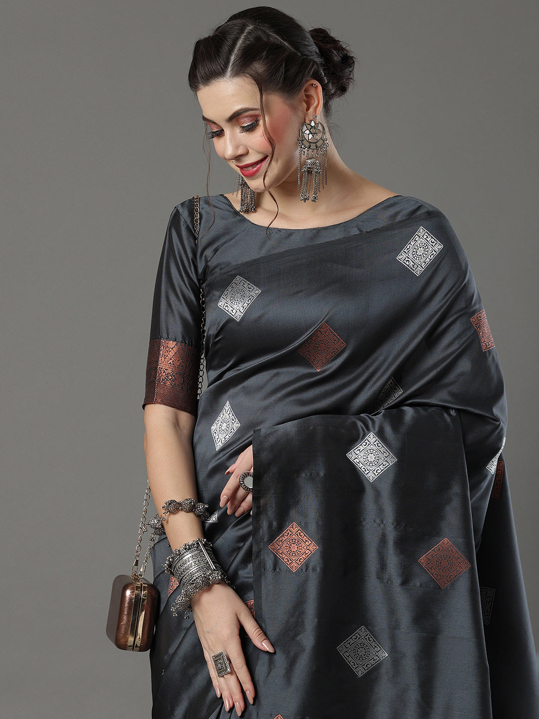 Silk Blend Grey Woven Design Designer Saree With Blouse