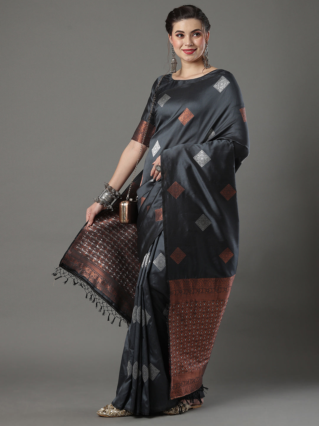 Silk Blend Grey Woven Design Designer Saree With Blouse