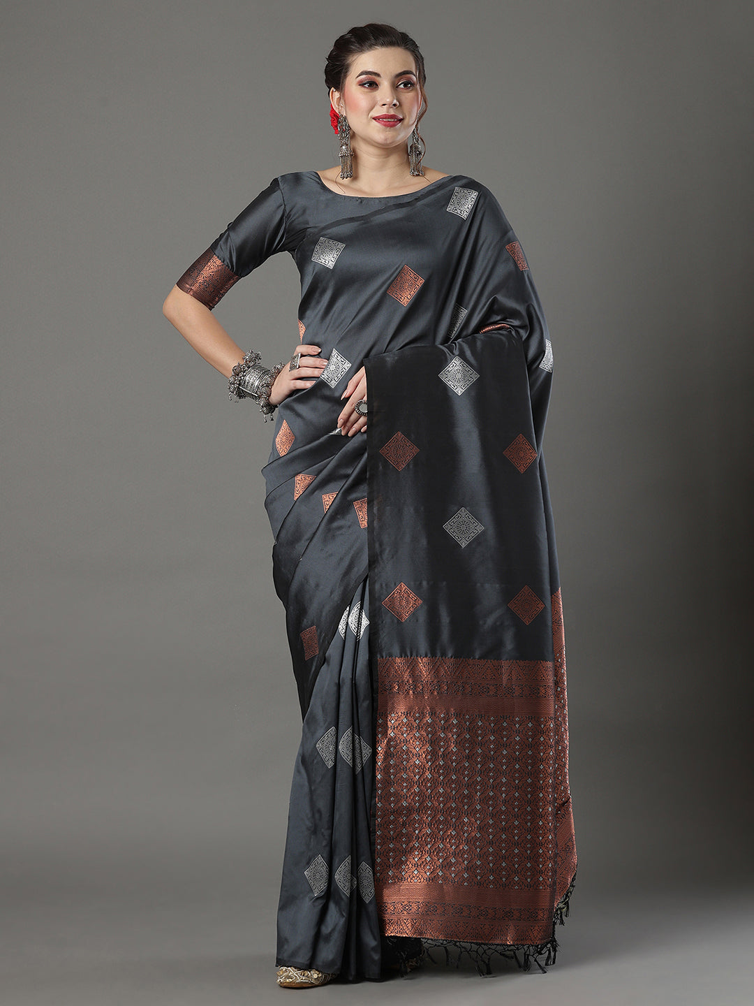 Silk Blend Grey Woven Design Designer Saree With Blouse