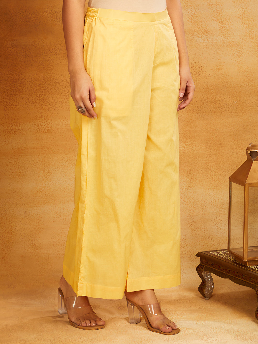 Yellow Block printed Long Slit Kurta and Palazzo