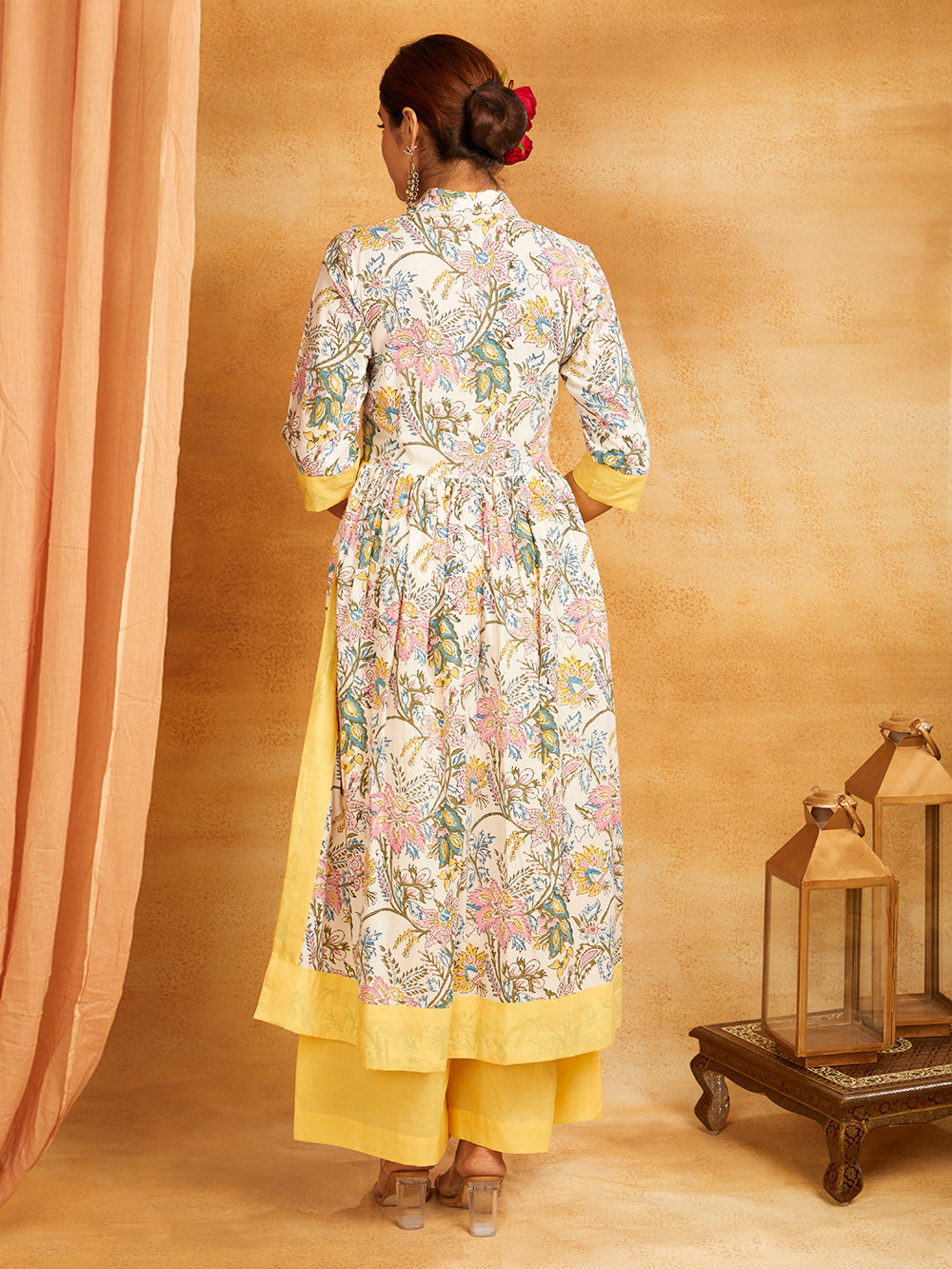 Yellow Block printed Long Slit Kurta and Palazzo