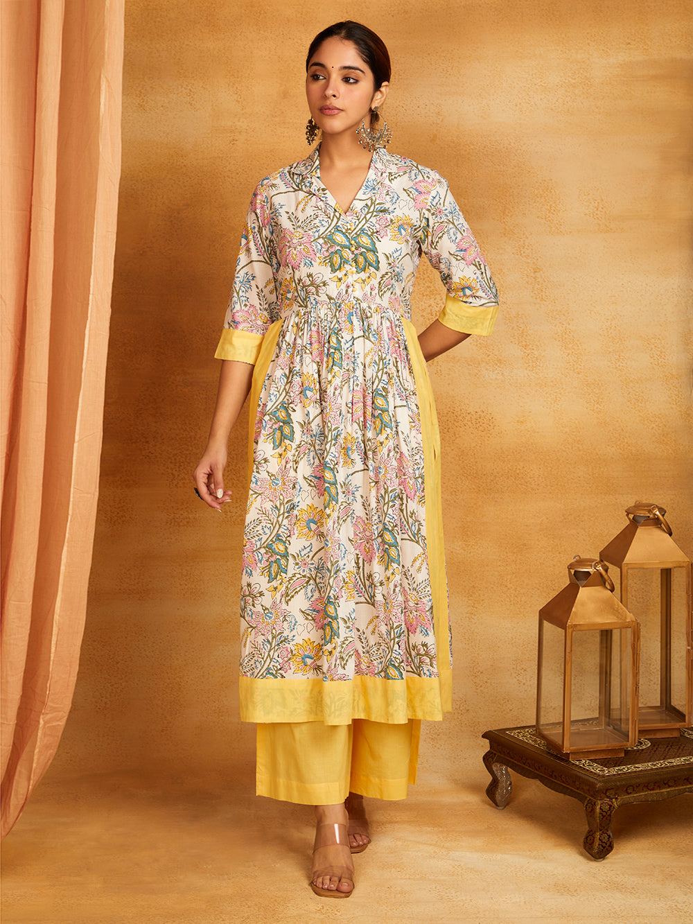 Yellow Block printed Long Slit Kurta and Palazzo