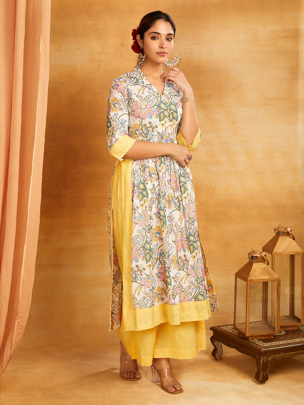 Yellow Block printed Long Slit Kurta and Palazzo