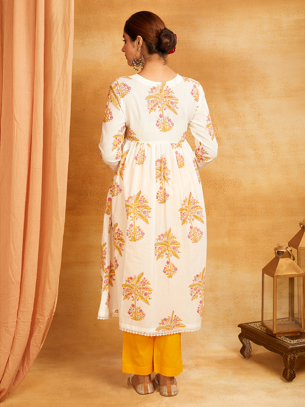 Mustard Block Printed Cotton Anarkali Kurta