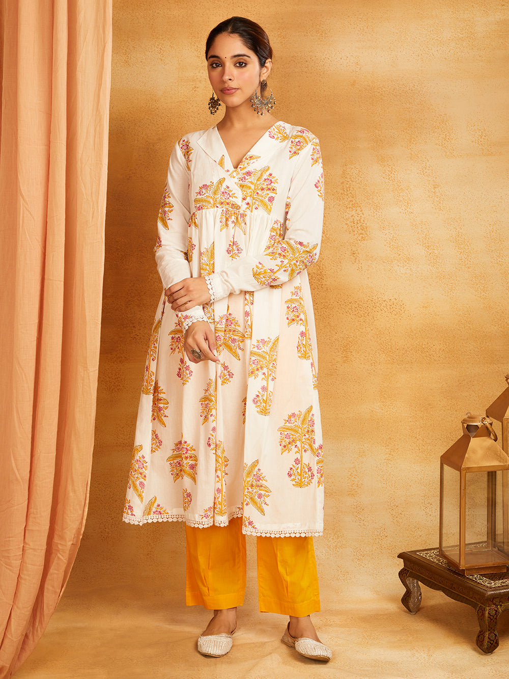 Mustard Block Printed Cotton Anarkali Kurta