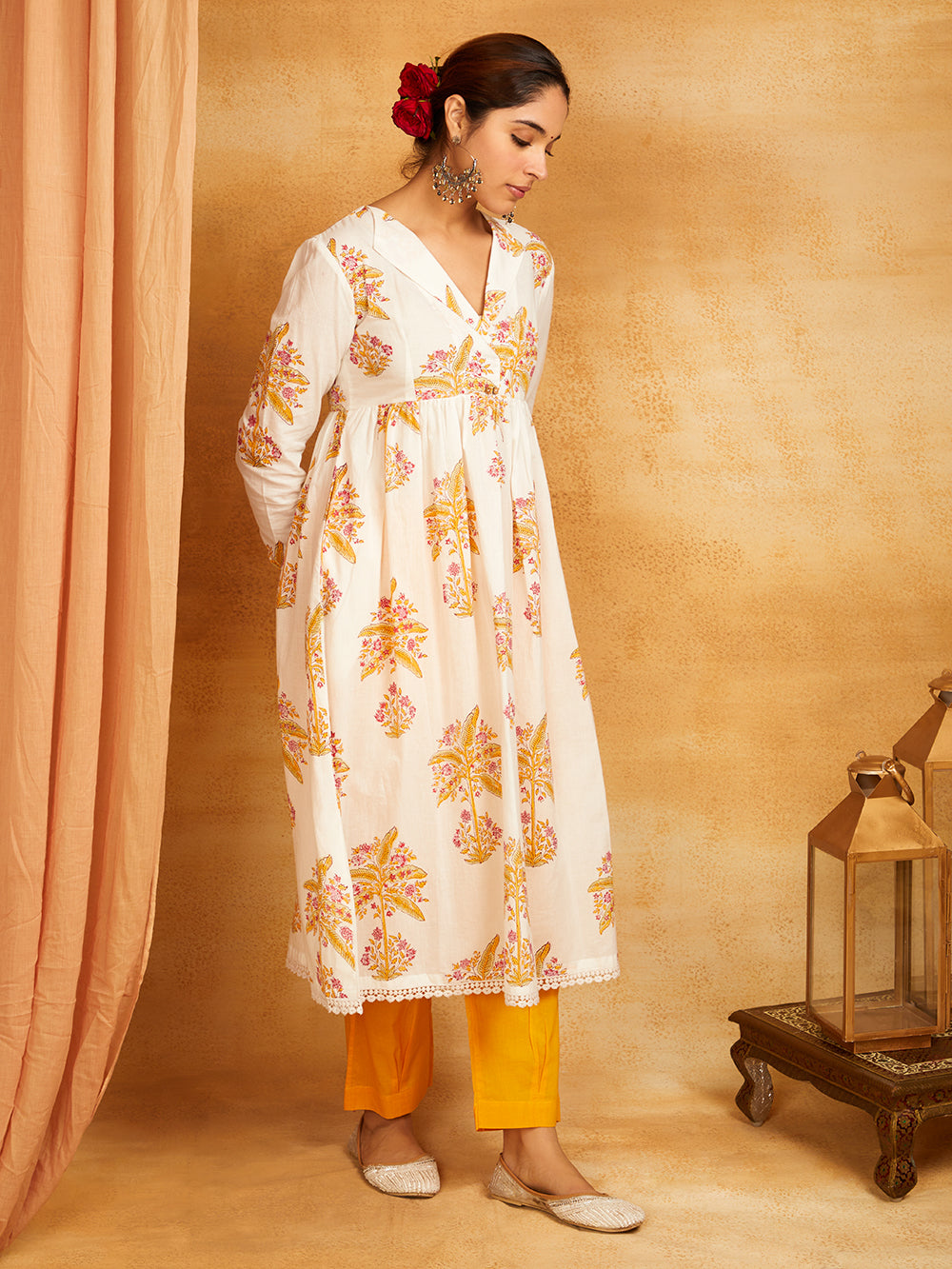 Mustard Block Printed Cotton Anarkali Kurta