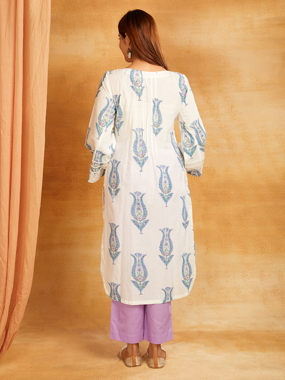 Purple Block Printed Cotton Kurta with Lace Detailing