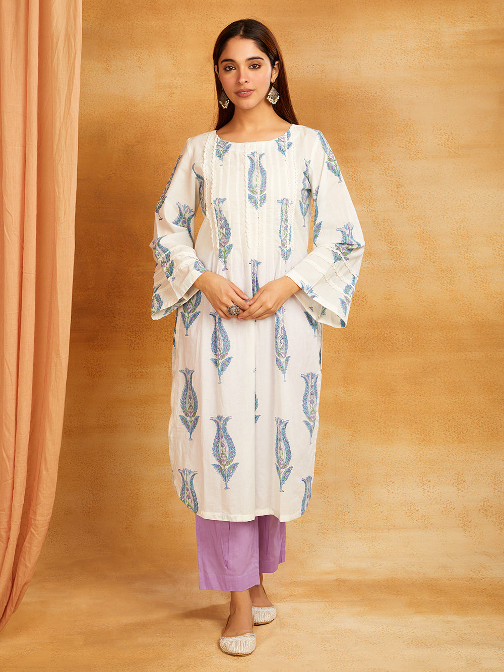 Purple Block Printed Cotton Kurta with Lace Detailing