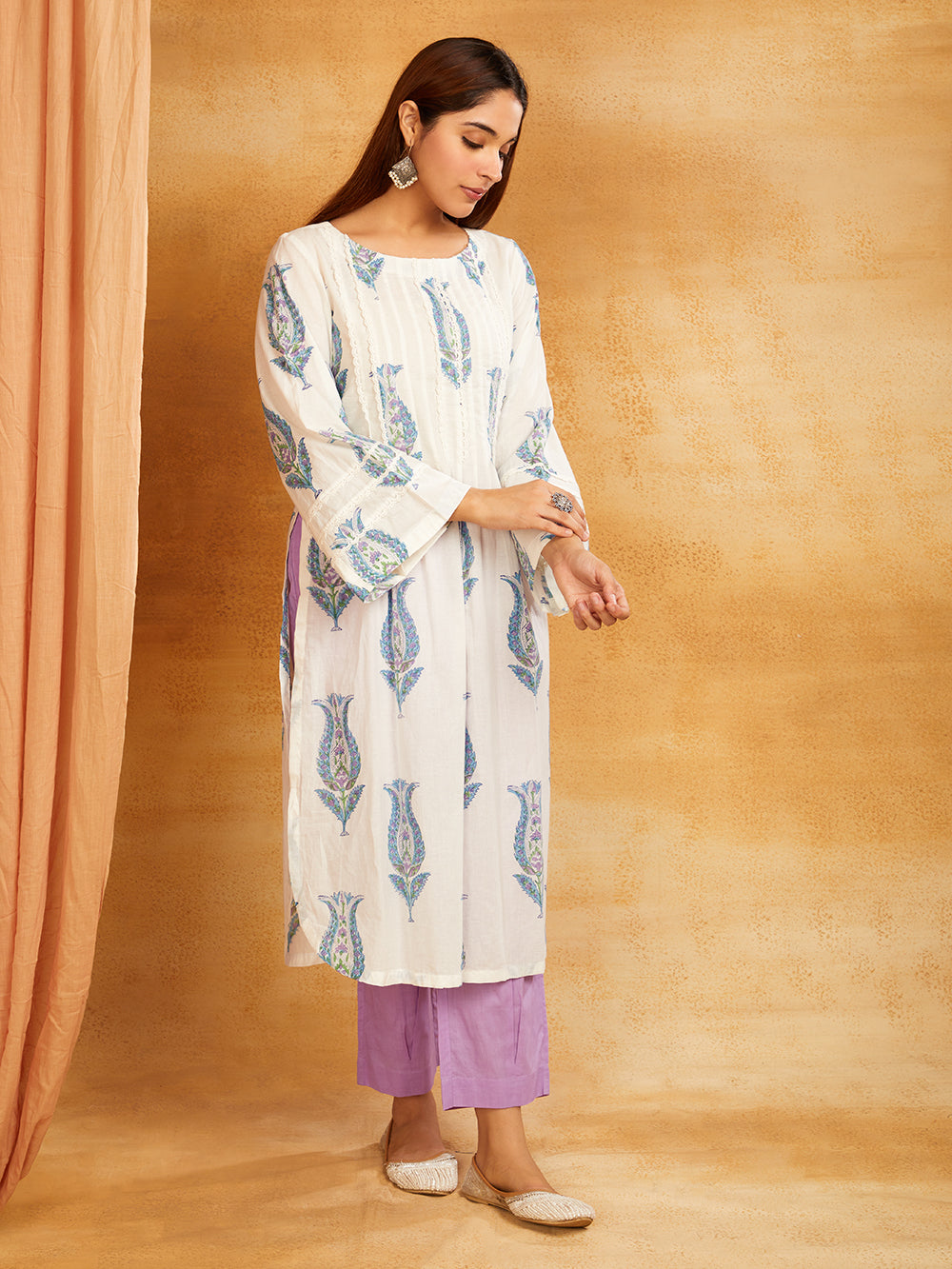 Purple Block Printed Cotton Kurta with Lace Detailing