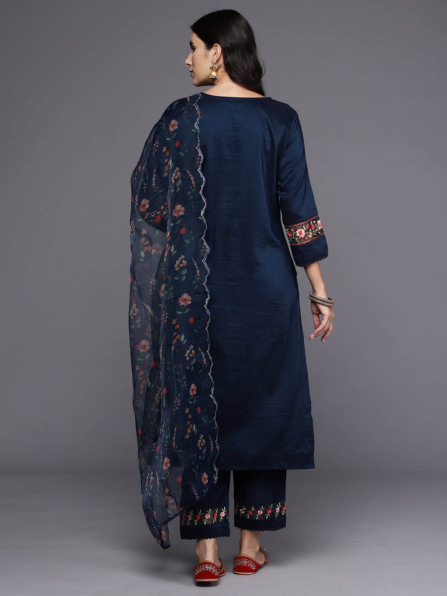 Blue Embroidered Straight Kurta Trousers With Dupatta Set