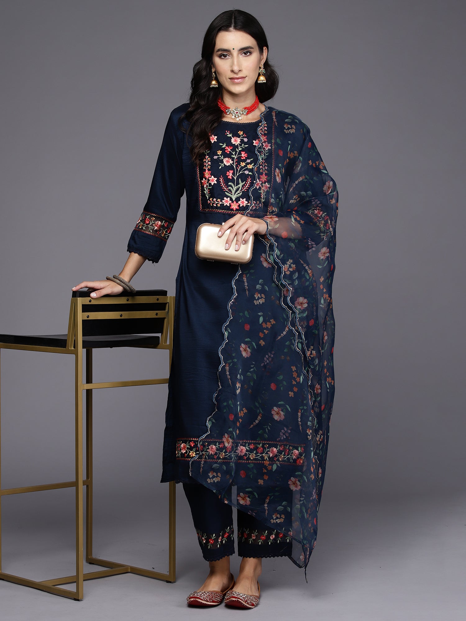 Blue Embroidered Straight Kurta Trousers With Dupatta Set