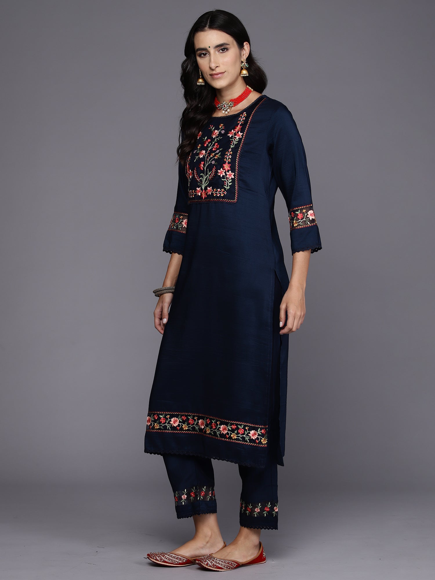 Blue Embroidered Straight Kurta Trousers With Dupatta Set