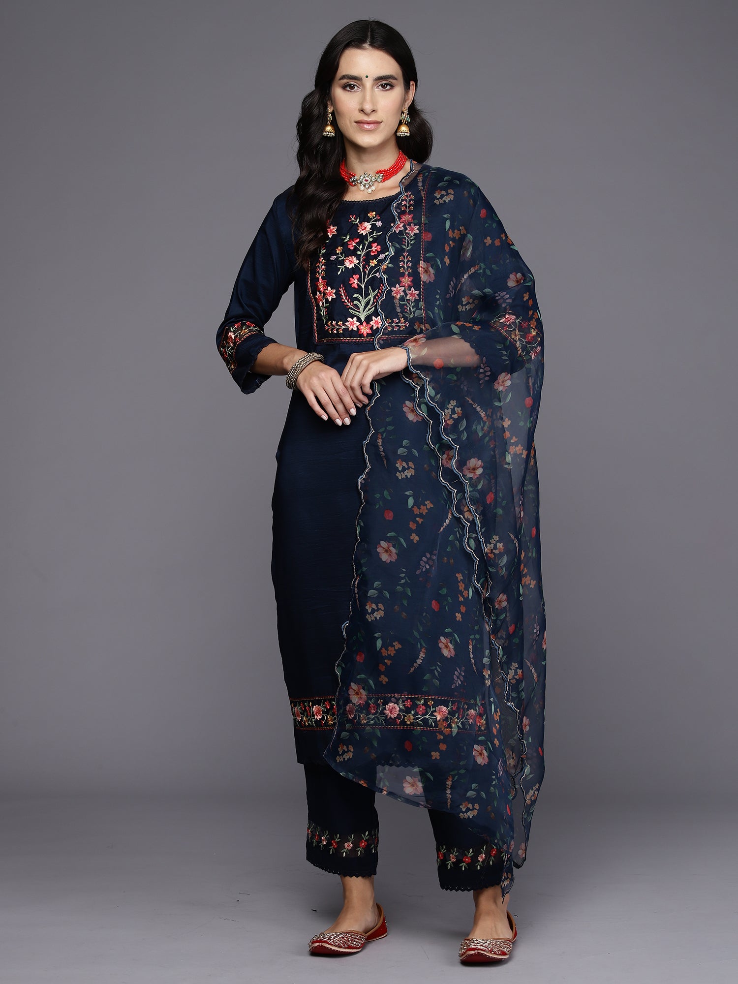 Blue Embroidered Straight Kurta Trousers With Dupatta Set