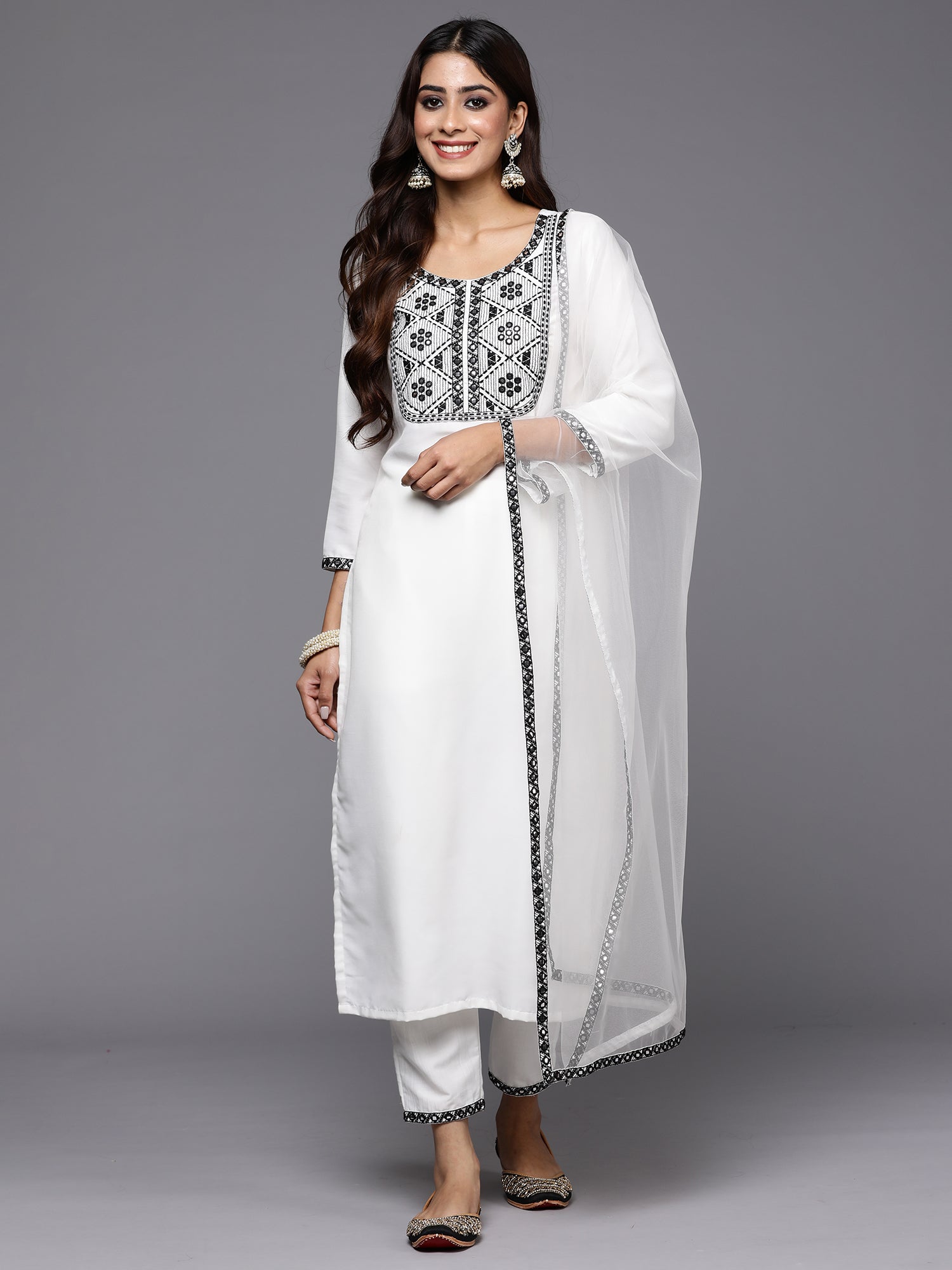 White Embroidered Straight Kurta Trousers With Dupatta Set