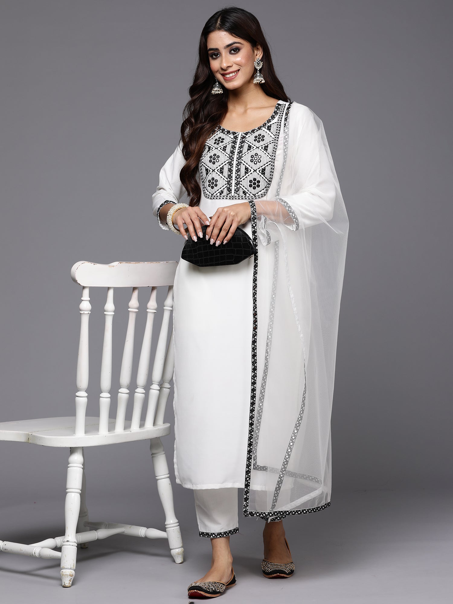 White Embroidered Straight Kurta Trousers With Dupatta Set