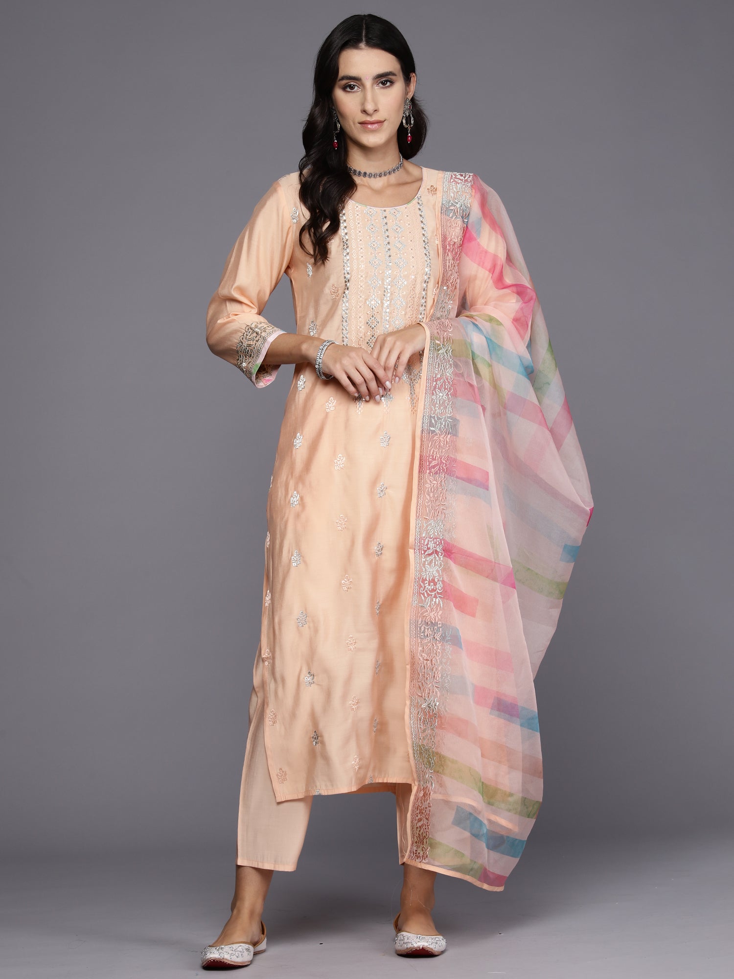 Peach Embroidered Straight Kurta Trousers With Dupatta Set