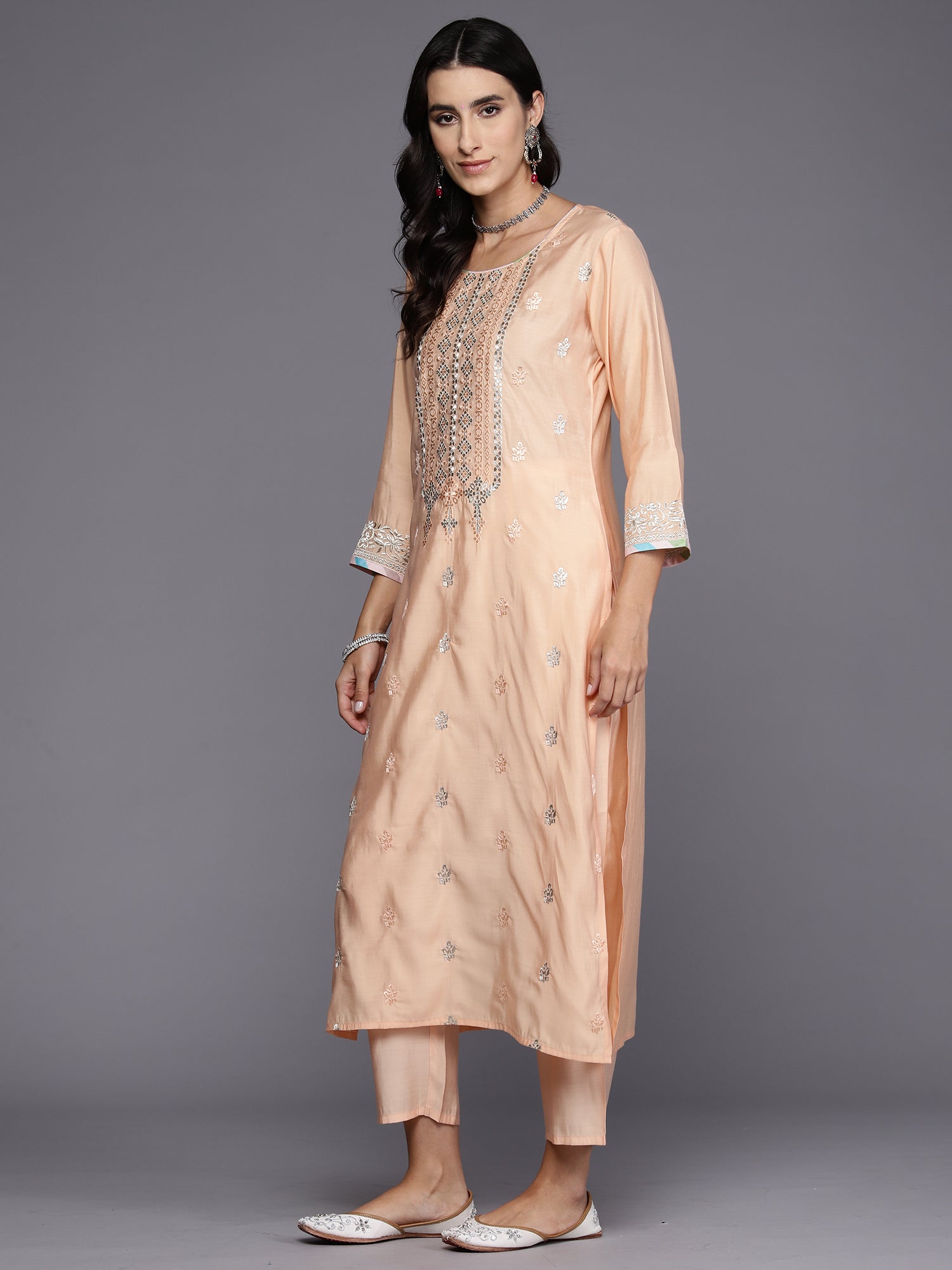 Peach Embroidered Straight Kurta Trousers With Dupatta Set