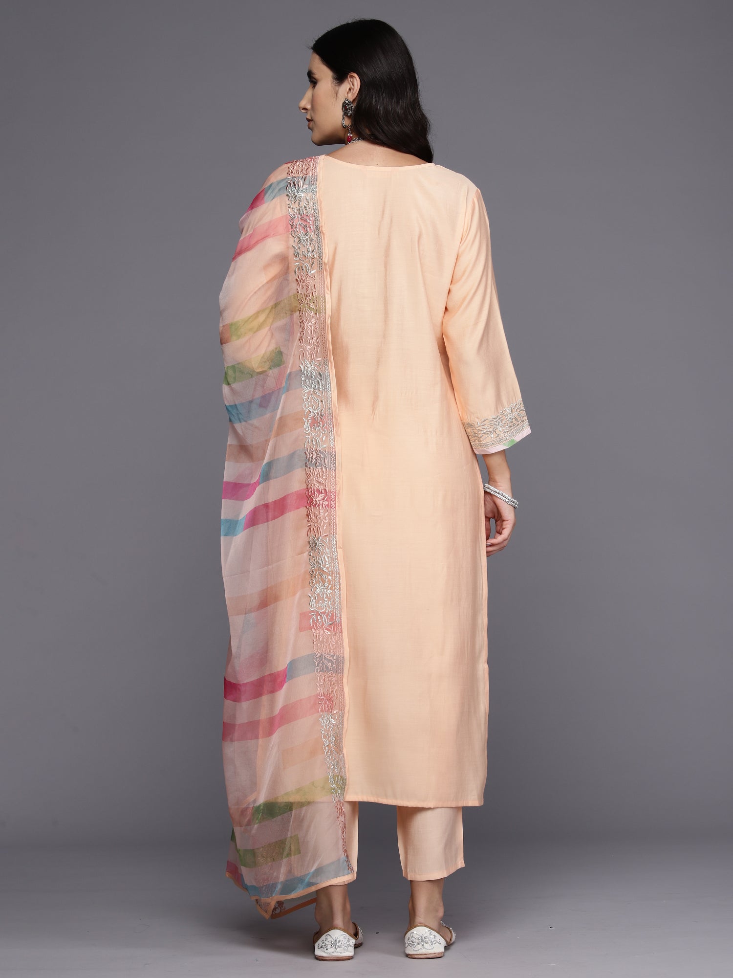 Peach Embroidered Straight Kurta Trousers With Dupatta Set