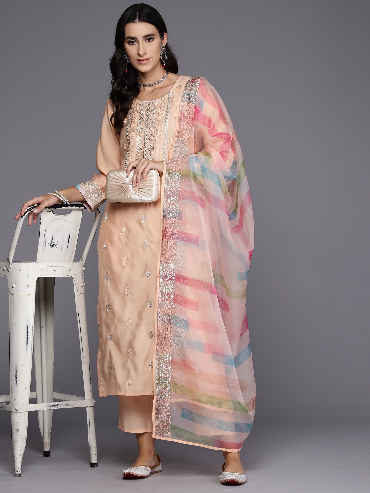Peach Embroidered Straight Kurta Trousers With Dupatta Set
