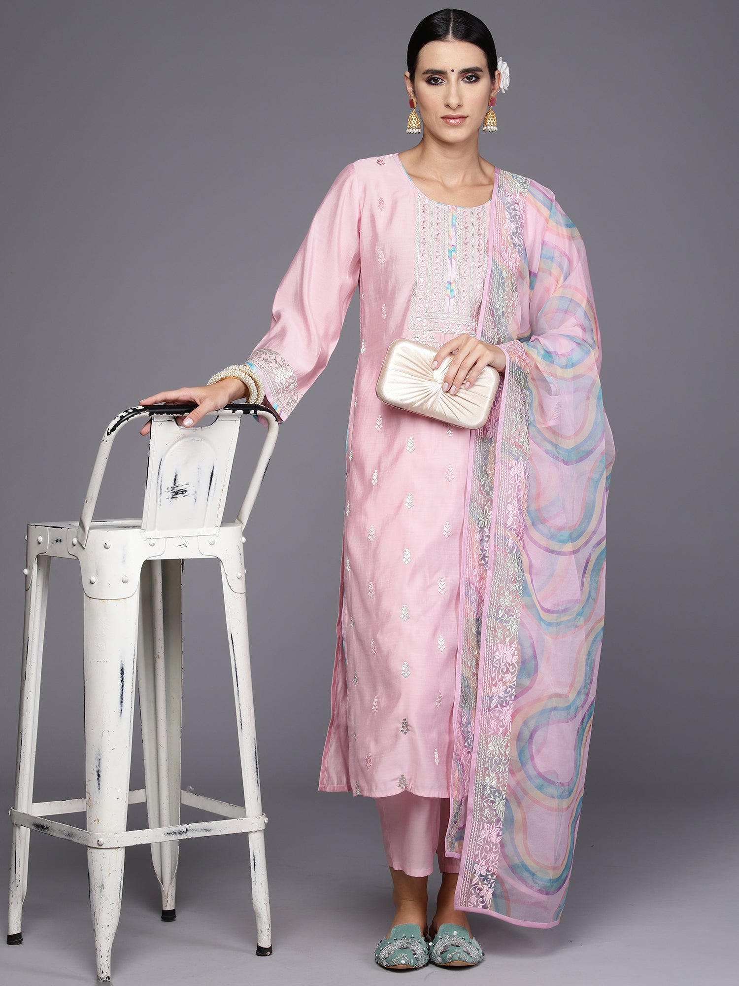 Pink Embroidered Straight Kurta Trousers With Dupatta Set