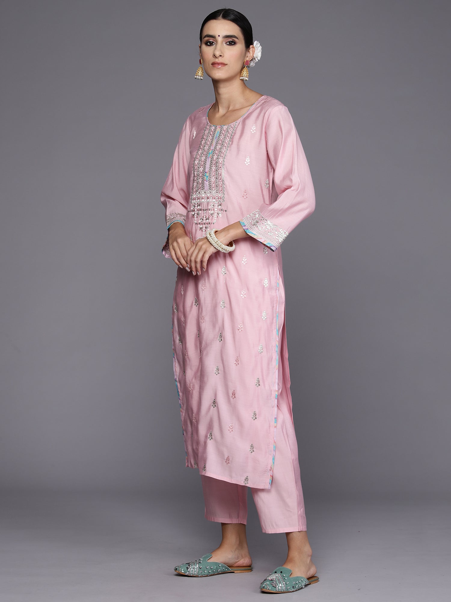 Pink Embroidered Straight Kurta Trousers With Dupatta Set