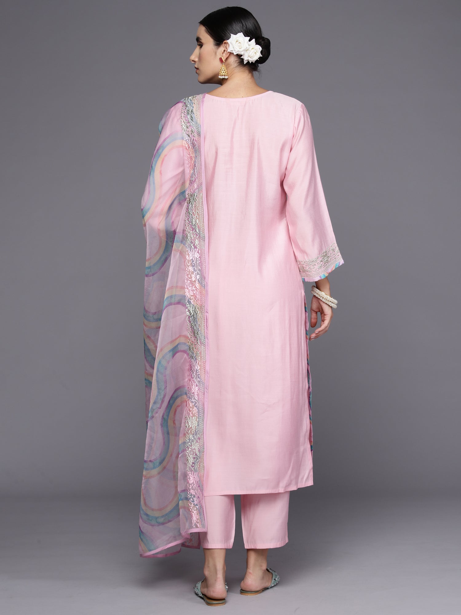 Pink Embroidered Straight Kurta Trousers With Dupatta Set