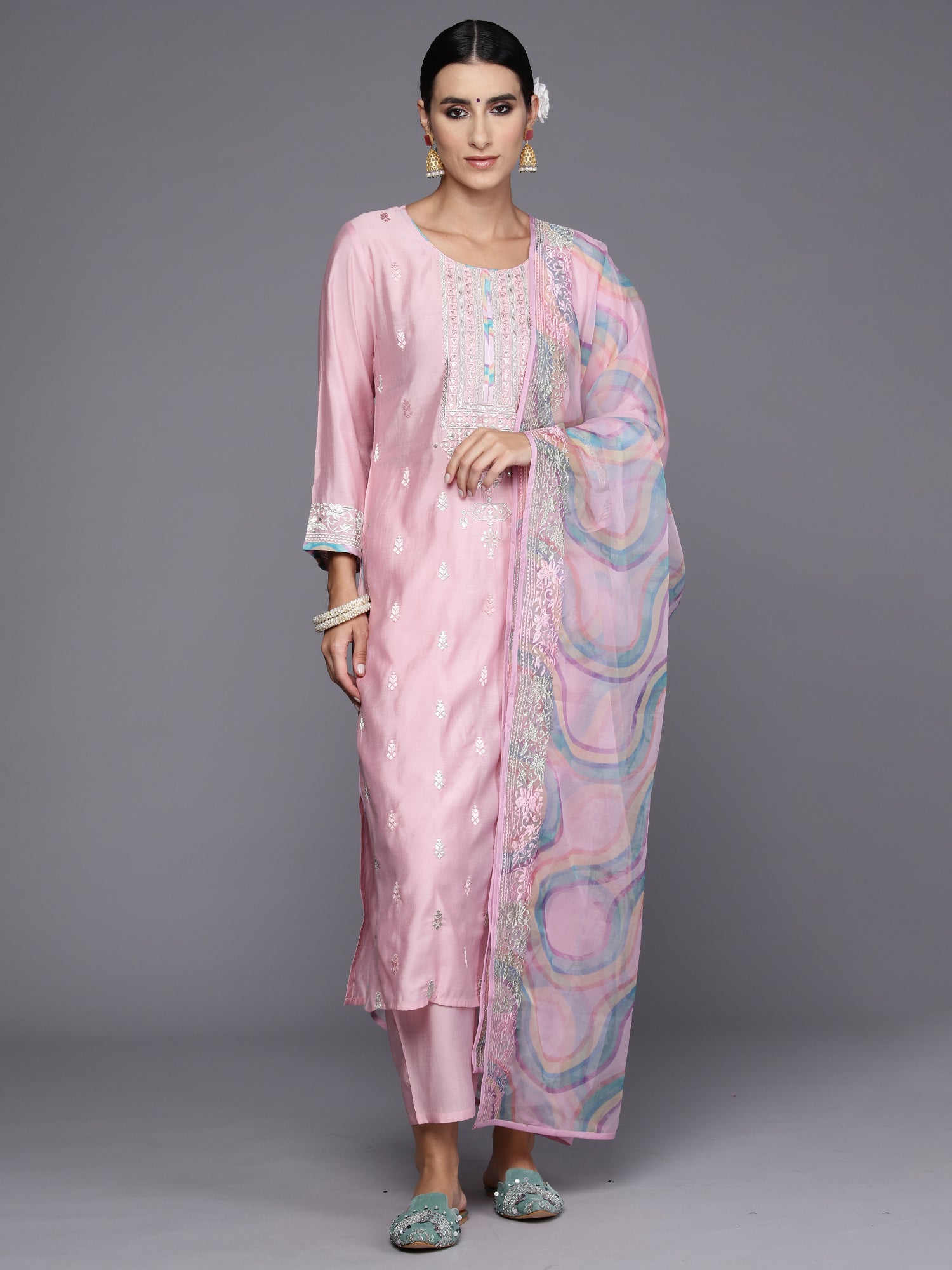 Pink Embroidered Straight Kurta Trousers With Dupatta Set