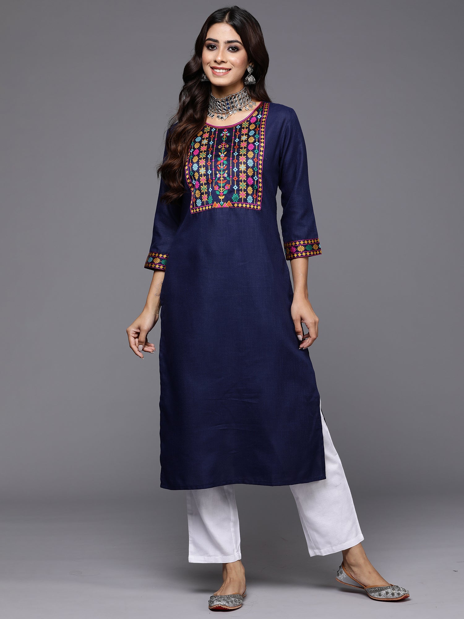 Navy Blue Yoke Design Straight Casual Kurtas