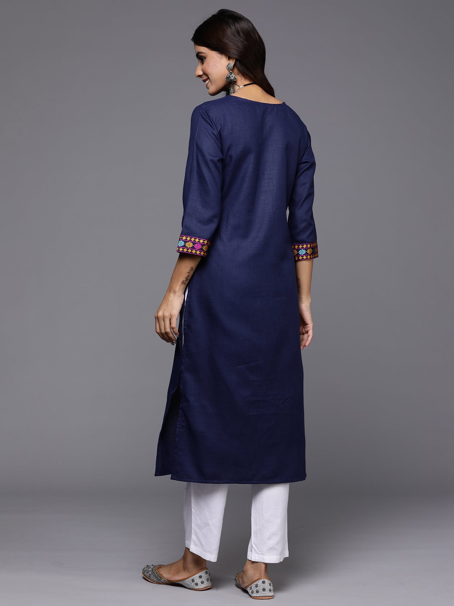 Navy Blue Yoke Design Straight Casual Kurtas